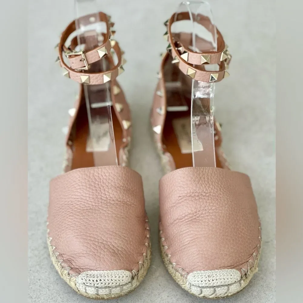 Valentino Garavani Rockstud Pink Leather Espadrille Ankle Wrap Flats Size 37